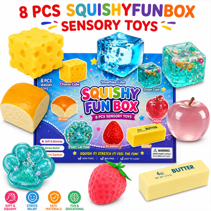Box with a set of 8 anti-stress toys with malt sugar flavor.